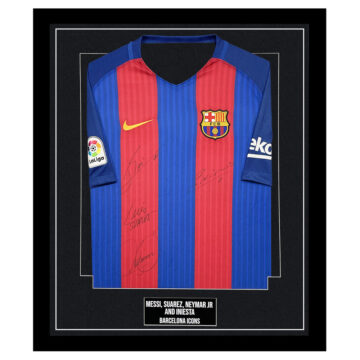 Signed Messi, Suarez, Neymar & Iniesta Framed Shirt - FC Barcelona Icons