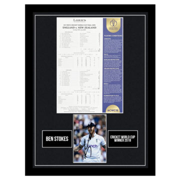 Signed Ben Stokes Framed Scorecard Display - Cricket World Cup Stats