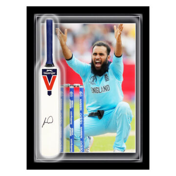 Signed Adil Rashid Mini Bat Framed Dome - Cricket World Cup Winner 2019