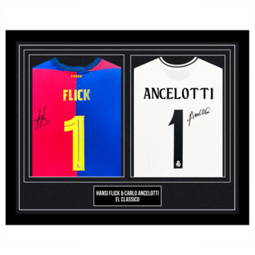 Signed Hansi Flick & Carlo Ancelotti Framed Duo Shirts - El Classico Autograph