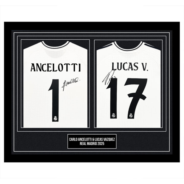 Signed Carlo Ancelotti & Lucas Vazquez Framed Duo Shirts - Real Madrid 2025