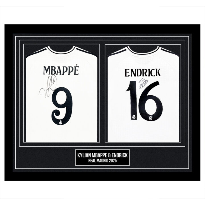 Signed Kylian Mbappe & Endrick Framed Duo Shirts - Real Madrid 2025
