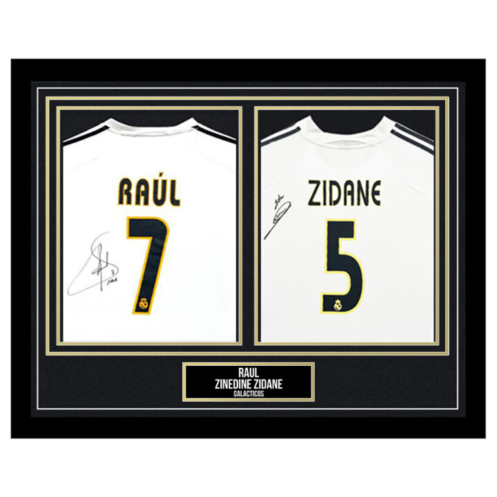 Signed Raul & Zinedine Zidane Framed Duo Shirts - Galacticos Icons - Gold Design