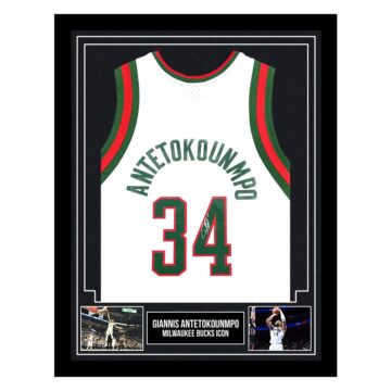 Signed Giannis Antetokounmpo Framed Shirt - Milwaukee Bucks Icon