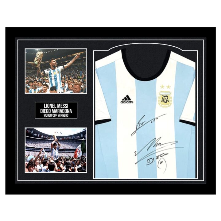 Framed Lionel Messi & Diego Maradona Signed Shirt - World Cup Winners