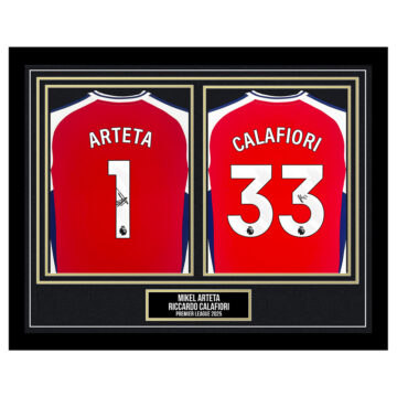 Signed Mikel Arteta & Riccardo Calafiori Framed Shirts - Premier League 2025 - Gold Design