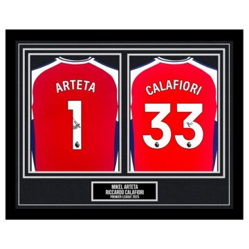 Signed Mikel Arteta & Riccardo Calafiori Framed Shirts - Premier League 2025 - Silver Design