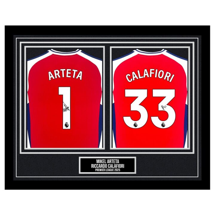 Signed Mikel Arteta & Riccardo Calafiori Framed Shirts - Premier League 2025 - Silver Design