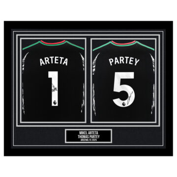 Mikel Arteta & Thomas Partey Signed Framed Shirts - Arsenal FC 2025 - Silver Design