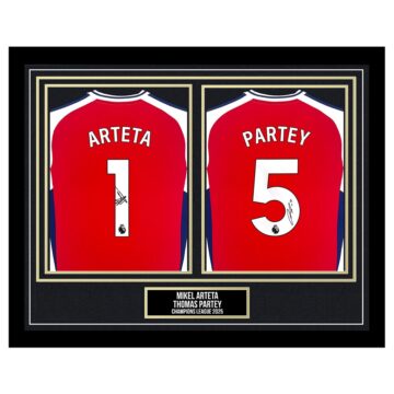 Signed Mikel Arteta & Thomas Partey Framed Shirt - Champions League 2025 - Gold Design