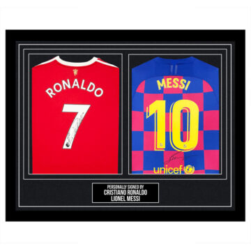 Signed Cristiano Ronaldo & Lionel Messi Framed Duo Shirts - Greatest Of All Time