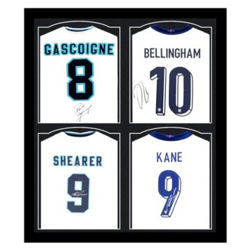 Signed Gascoigne, Bellingham, Shearer & Kane Framed Shirts - England Icons