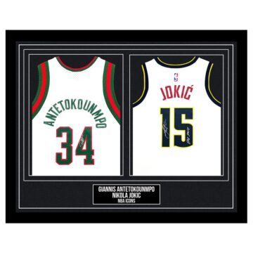 Signed Giannis Antetokounmpo & Nikola Jokic Framed Duo Jerseys - NBA Icons