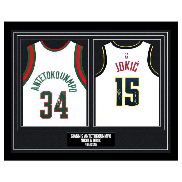 Signed Giannis Antetokounmpo & Nikola Jokic Framed Duo Jerseys - NBA Icons