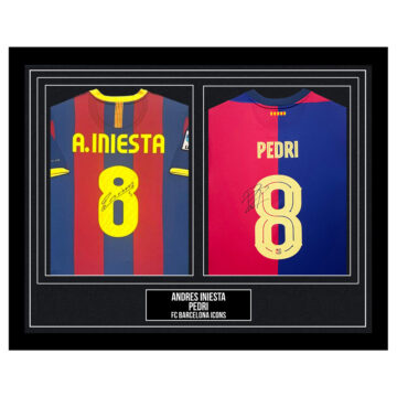 Signed Andres Iniesta & Pedri Framed Duo Shirts - FC Barcelona Icons