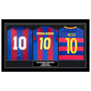 Signed Diego Maradona, Ronaldinho & Lionel Messi Framed Shirts - FC Barcelona Icons