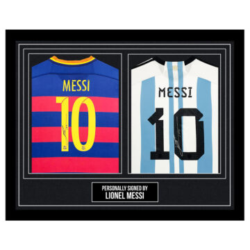 Signed Lionel Messi Framed Duo Shirts - FC Barcelona & Argentina Icon