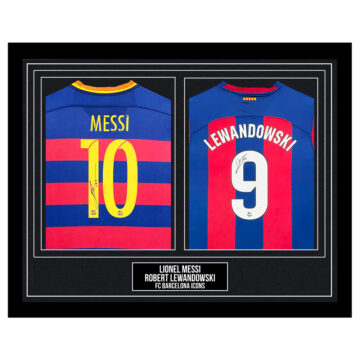 Signed Lionel Messi & Robert Lewandowski Framed Duo Shirts - FC Barcelona Icons