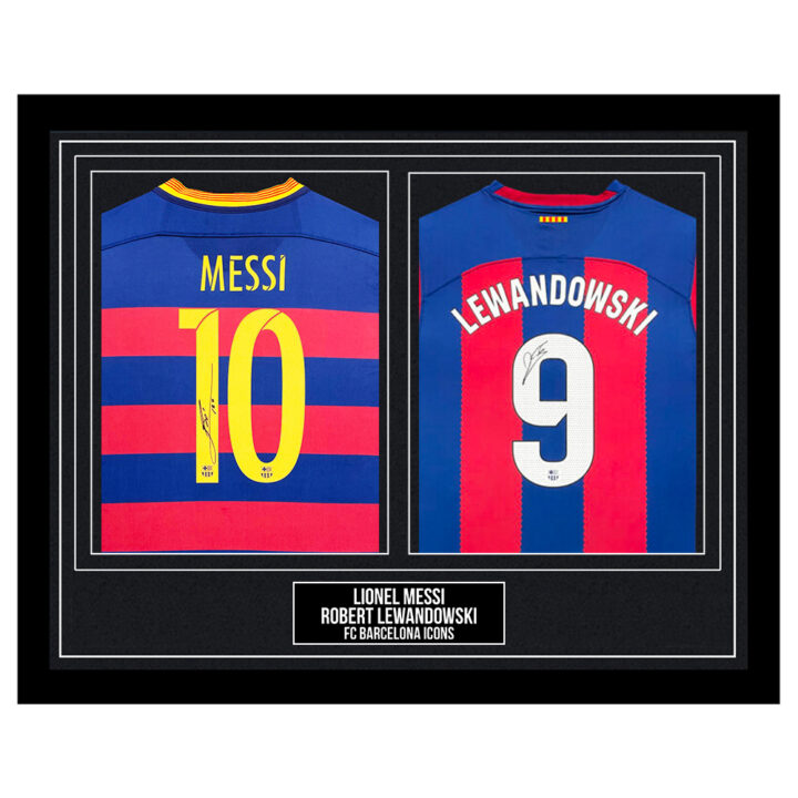 Signed Lionel Messi & Robert Lewandowski Framed Duo Shirts - FC Barcelona Icons