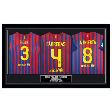 Signed Gerard Pique, Cesc Fabregas & Andres Iniesta Framed Shirts - FC Barcelona Icons