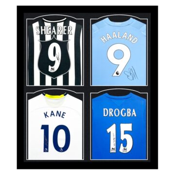 Signed Shearer, Haaland, Kane & Drogba Framed Shirts - Premier League Goalscorers