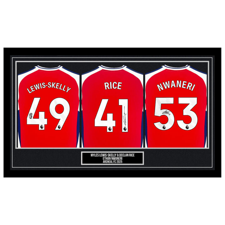 Signed Lewis-Skelly, Rice & Nwaneri Framed Shirts - Arsenal FC 2025 - Silver Design (Copy)