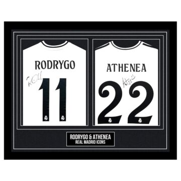 Signed Rodrygo & Athenea Framed Duo Shirts - Real Madrid Icons