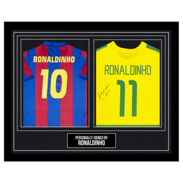 Signed Ronaldinho Framed Duo Shirts - FC Barcelona & Brazil Icon