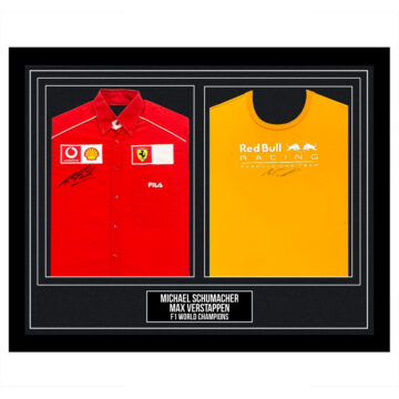 Signed Michael Schumacher & Max Verstappen Framed Duo Shirts - F1 World Champions