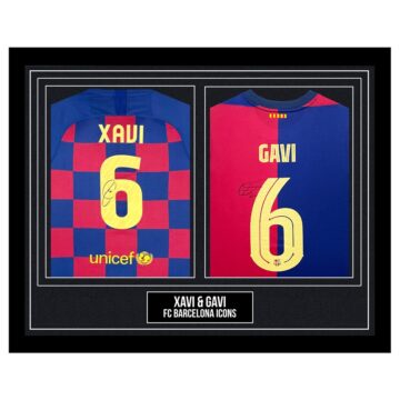Signed Xavi & Gavi Framed Duo Shirts - FC Barcelona Icons