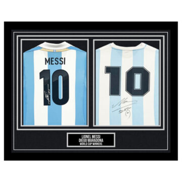 Signed Lionel Messi & Diego Maradona Framed Duo Shirts - World Cup Winners - Silver Design