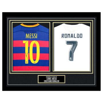 Signed Lionel Messi & Cristiano Ronaldo Framed Duo Shirts - La Liga 2015/16 - Gold Design