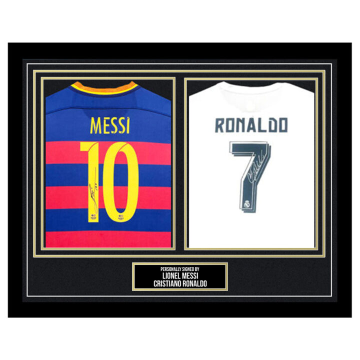 Signed Lionel Messi & Cristiano Ronaldo Framed Duo Shirts - La Liga 2015/16 - Gold Design