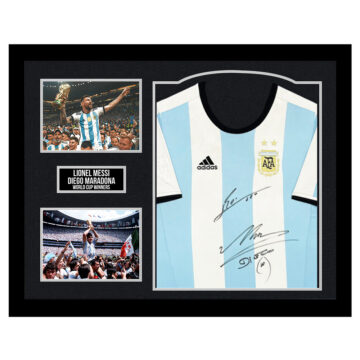 Framed Lionel Messi & Diego Maradona Signed Shirt - World Cup Winners - Silver Design