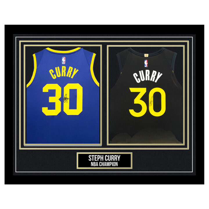 Signed Steph Curry Framed Duo Jerseys - NBA Champion - Gold Design