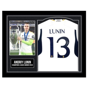 Framed Andriy Lunin Signed Shirt - Champions League Winner 2024