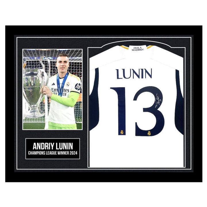 Framed Andriy Lunin Signed Shirt - Champions League Winner 2024