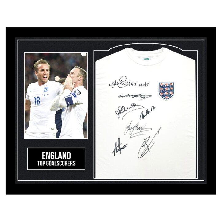 Framed England Signed Shirt - Top Goalscorers - Kane, Rooney, Greaves + More